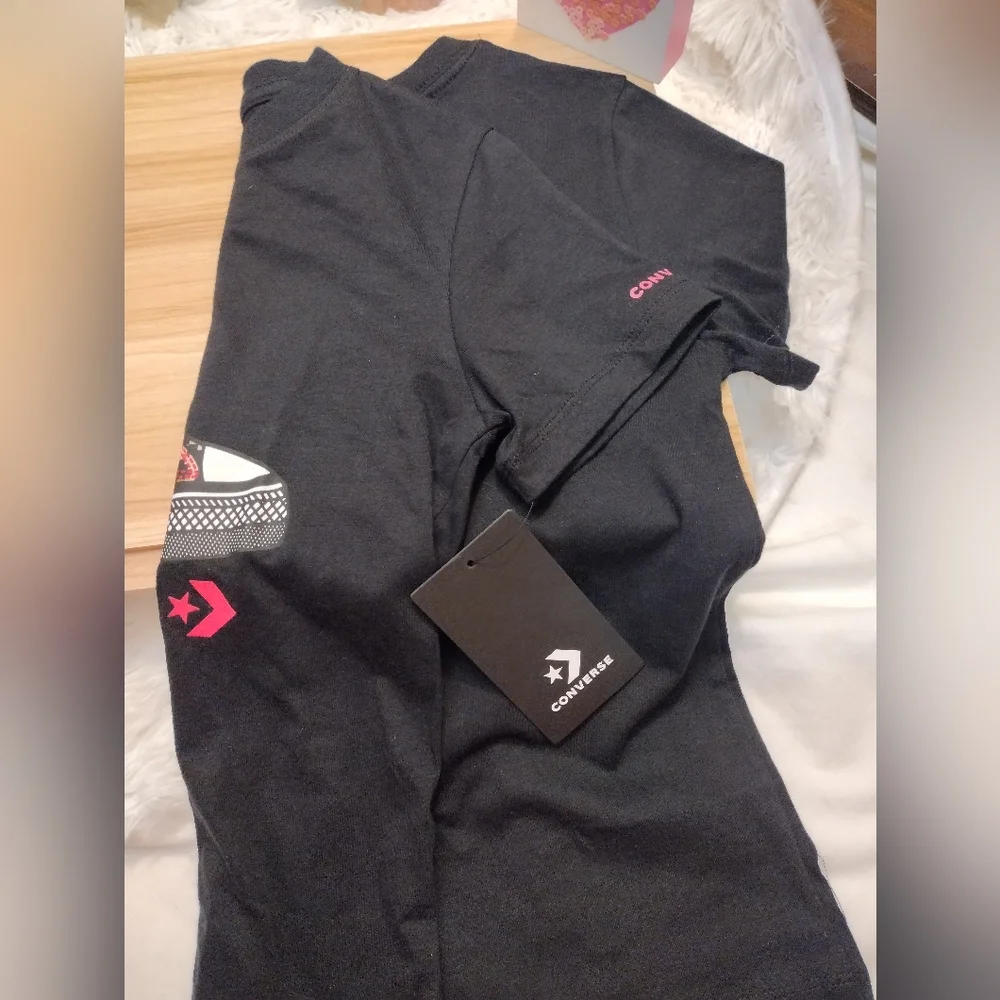 Converse Black T-Shirt with Pink and Brown Sneaker Graphic Girl Med 10/12 🆕